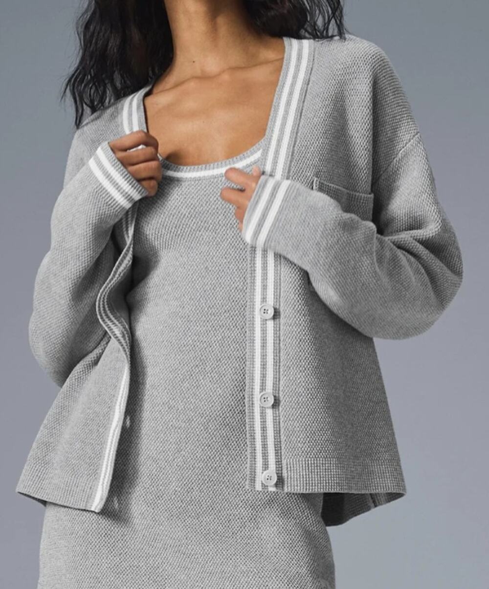 ALO Yoga Tennis Club Sweater Knit Cardigan Gray/White Women's Size SMALL
